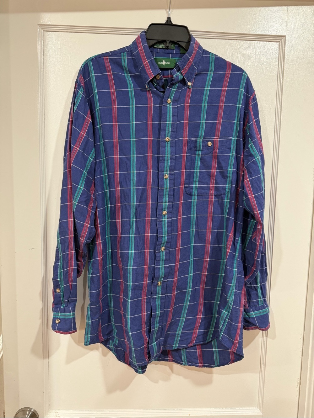 Hunt Club Navy Plaid Button-Down Shirt with Green & Red Stripes​